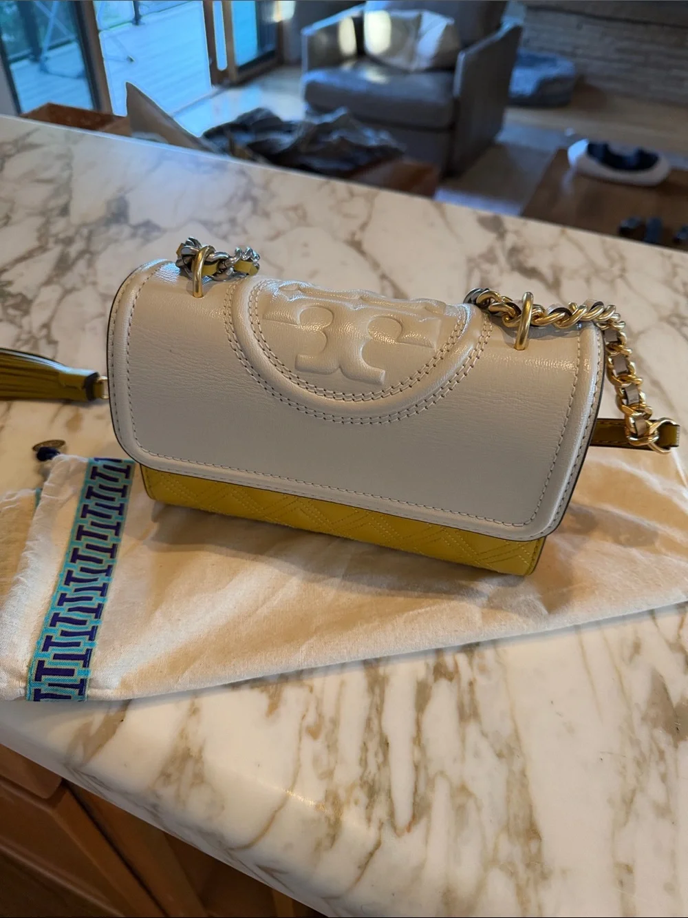 Tory Burch Cream and Yellow Fleming Shoulder/Crossbody Bag